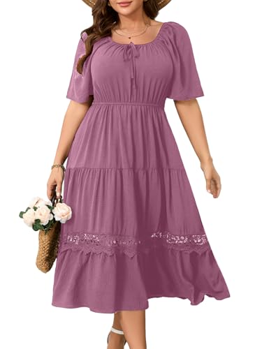 Image of RWJ Women's Plus Size Maxi Dress Short Sleeve Square Neck Flowy A-Line Lace Trim Flutter Party Casual Off Shoulder Dresses