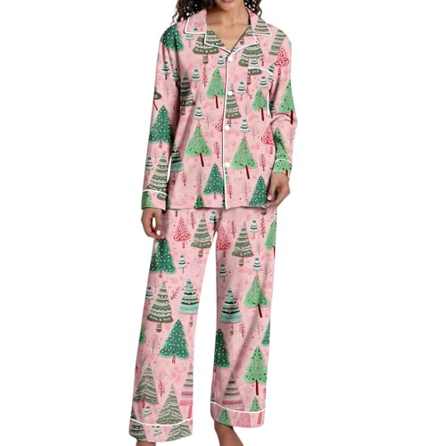 Pyjama de Noël femme élégant ensemble rose sapins multicolores aux finitions chic