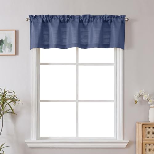 Chyhomenyc Blue Short Curtain Valance for Windows, Faux Linen Textured Half Window Curtains, Burlap Solid Topper Small Curtain Valance for Bathroom Laundry Basement, 60Wx18L Inch, 1 Piece