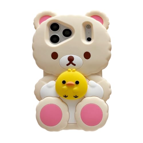 Yatchen Bear Case Compatible with iPhone 14,Kawaii Phone Cases Cute 3D Cartoon Teddy Bear with Chick Women Girls Soft Silicone Shockproof Cover for iPhone 14