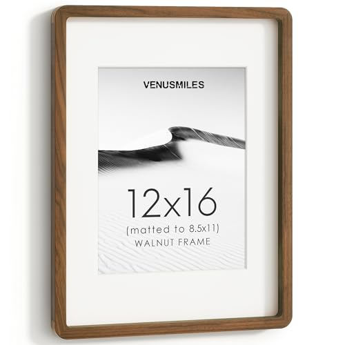 Image of 12x16 Picture Frame, USA-Sourced Natural Walnut Wood Photo Collage Frame with HD Tempered Glass, 12 x 16 Wooden Frame Matted to 8.5x11, Vertical & Horizontal Wall Hanging Display