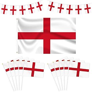World Cup 2022,England Bunting,World Cup Decorations 2022,World Cup Bunting,1 Pcs England Flags 5ft x 3ft and 1Pcs England Bunting and 10 Pcs Small England Hand Flag Suitable for Bars, Football Match