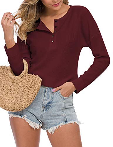 MOLERANI Womens Waffle Knit Tunic Tops Loose Long Sleeve Button Up V Neck Henley Shirts (M, Wine Red2)