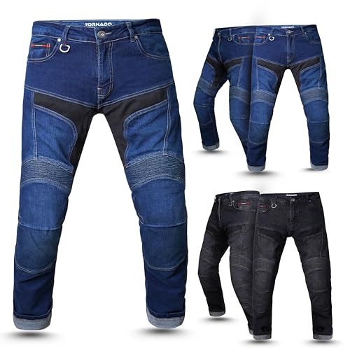 Tornado Durt AA-Rated Motorcycle Jeans for Men Motorbike CE Level 2 Armour, 12oz Aramid Lined Denim with Adjustable Pads, Flex Panels & Reflective Cuffs (UK, Waist & Inseam, 36, 30, Blue)