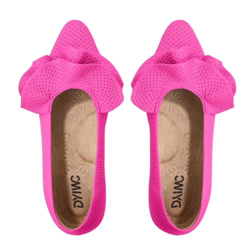 DYIWC Women's Flat Shoes Fashion Comfortable Knit Pointed Toe Washable Ruffle Ballet Flats with Soft Insole Arch Support Pink US10
