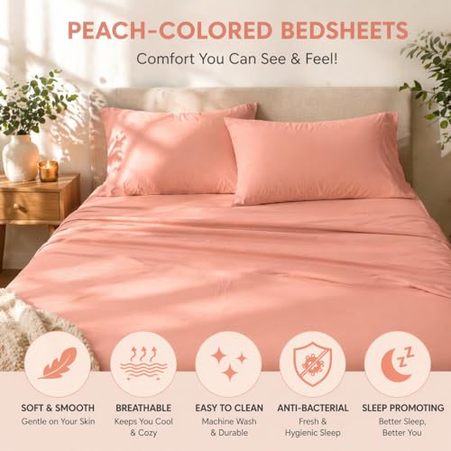 Image of Queen Size Bed Sheet - 600 Thread Count Single Flat Sheet Only - Long Staple Egyptian Cotton Top Sheet Wrinkle & Fade Resistant - Peach