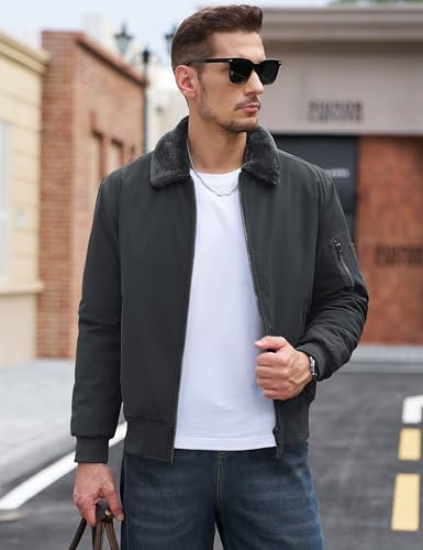 Image of TACVASEN Men's Fleece Jacket Full Zip Up Warm Bomber Jackets for Daily Wear | Winter thick jacket coat for men , fur collared bomber style with 4ple pockets for travel, outdoor walking
