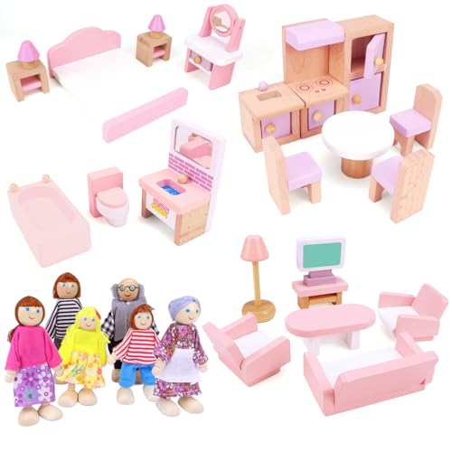 TradeWings Wooden Dollhouse Furniture Set, 28 Pcs Doll House Accessories