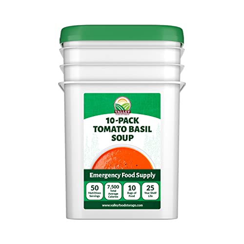 Valley Food Storage Tomato Basil Soup | 10-Bag Bucket, 50 Servings | Premium Emergency Food Supply with 25 Year Shelf Life | Survival Meal Kits, Prepper Food, Camping & Off-Grid Living Supplies | Packaged in USA