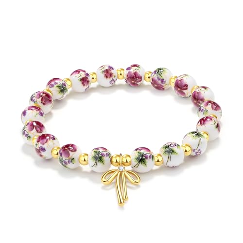 Bracelet en porcelaine 8mm avec une fleur en céramique peinte à la main