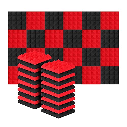 Lot de 24 panneaux acoustiques en mousse pyramidale pour studio 25 x 25 x 5 Noir + rouge