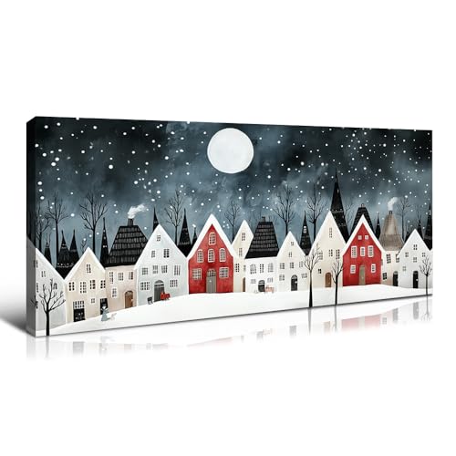 Wewejia Christmas Canvas Wall Art, Winter Village Snowy Night Landscape