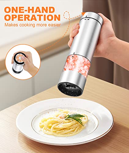 Ouwman 2 Pack Electric Salt And Pepper Grinder Set, Automatic Stainless Steel Pepper Mill Grinder With Convenient One Hand Operation, Led Light, Adjustable Coarseness, Cleaning Brush, Battery Powered #TOP1