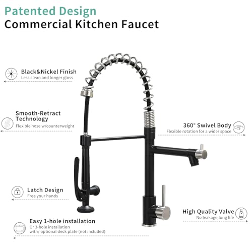Pull Down Kitchen Faucet with Sprayer,Fapully Commercial Matte Black&Brushed Nickel Kitchen Sink Faucets