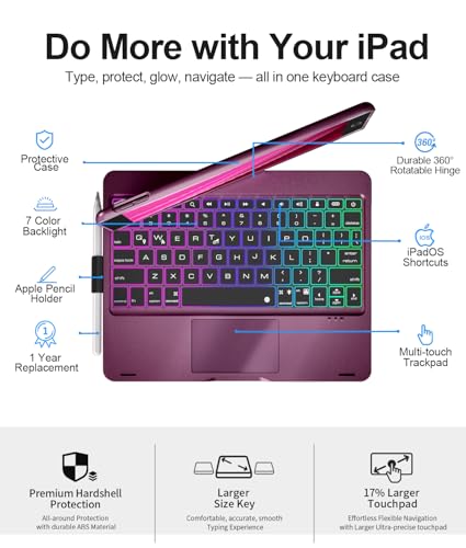 Image of Baisla iPad 9th Generation Case with Keyboard 10.2 inch (2021), 360 Rotatable with Trackpad & Rainbow Backlit, iPad Keyboard case for 9th /8th /7th, iPad Air 3, iPad Pro 10.5 (Raspberry)