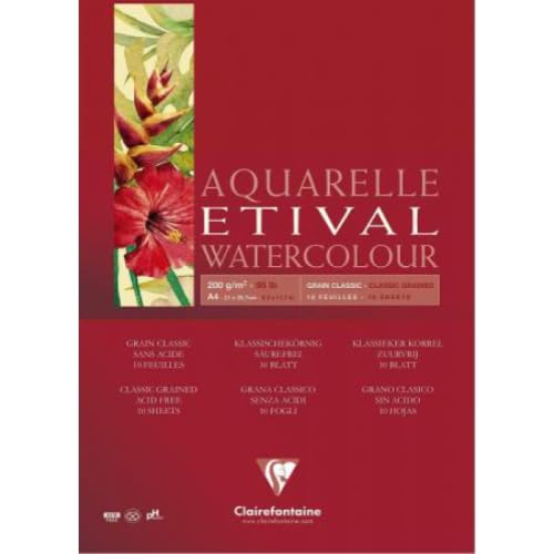 Lot de 5 Bloc spiralé de 10 feuilles de papier aquarelle Etival grain Classic, 200 g/m², A4