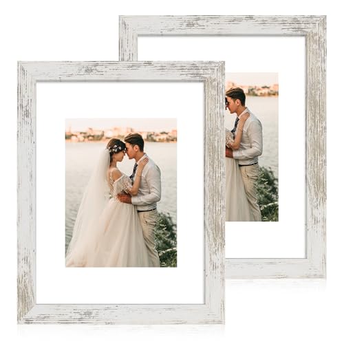 iRahmen 9x12 Picture Frame with Mat 6x8 - High Definition Tempered Glass Wooden Photo Frames for Tabletop Display and Wall Mounting (Distressed-White, Set of 2)