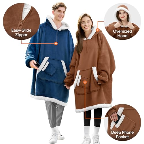 Image of Giggling Getup Wearable Blanket Hoodie for Women Men Gifts for Women Mom Wife Sherpa Fleece Hooded Blanket Sweatshirt Warm Cozy Sherpa Wearable Throw with Pocket & Sleeves for Adult Standard Caramel