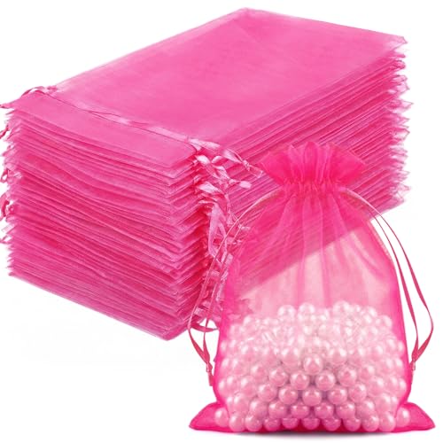 Image of FUNFERY 100Pcs Hot Pink Organza Bags 4x6 in,Small Mesh Drawstring Gift Bag | Little Jewelry Bags for Wedding Party Favors, Mini Drawstring Pouch for Sachet, Candy, Goodie, Treat Bag for Easter Day