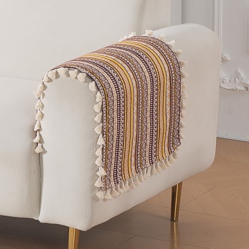 Image of HOKIPO Sofa Arm Cover with Tassel | 300 GSM Thick Cotton Acrylic Jacquard Armrest Mat, 50x70 cm, Pack of 2,'Trivana Series' Chocolate Brown (IN-931-J4*2)