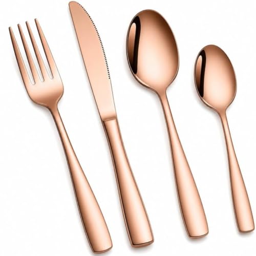 Image of Clovis Stainless Steel Flatware Set 4 Pieces, Titanium Plated Mirror Finish, Cutlery Set for 1 with Knife Fork Spoon and Teaspoon, Rose Gold