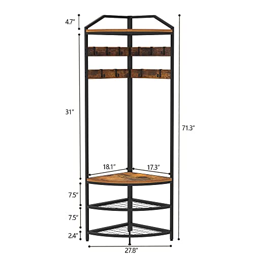 Giftgo Corner Hall Tree With Shoe Bench Entryway Coat Rack With 10 Metal Movable Hooks Freestanding Clothes Rack Shoes Shelf Organizer For Home Office Bedroom (Rustic Brown) #TOP5