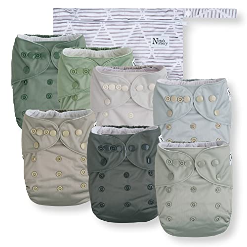 Image of Nora's Nursery Cloth Diapers 7 Pack with 7 Bamboo Inserts & 1 Wet Bag - Waterproof Cover, Washable, Reusable & One Size Adjustable Pocket Diapers for Newborns and Toddlers - Morning Dew