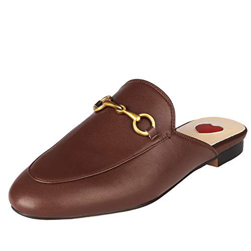 Image of Arqa Mules for Women Almond Toe Leather Flats Slip-on Comfort Backless Loafers Buckle Mule Shoes