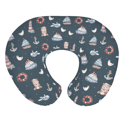 Sailor Bear Watercolor Baby Nursing Pillow Covers for Boy Girl Bear Lighthouse Anchors Boats Nursery Pillowcase for Breastfeeding Pillows Coastal...