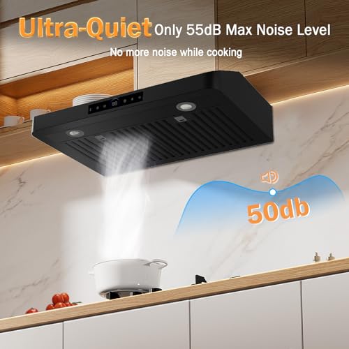 30 Inch Under Cabinet Range Hood 1200CFM, 4-Speed Kitchen Hood with Touch Control & Gesture Sensing Stainless Steel Kitchen Stove Vent Hoods with 2 LED Lights Black Standard Series