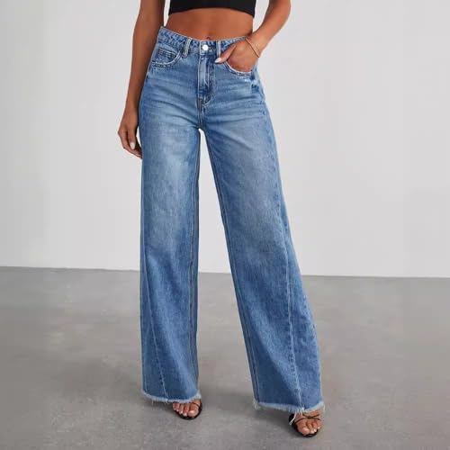Women's Wide Leg Jeans Boyfriend High Waisted Baggy Strechy Trendy Raw Hem Denim Pants3