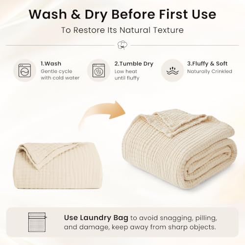 Image of Love's cabin 100% Cotton Muslin Blanket, 6 Layer Lightweight Breathable Gauze Queen Size Blanket 90 x 90 Inches, Soft All Season Blanket for Bed, Beige