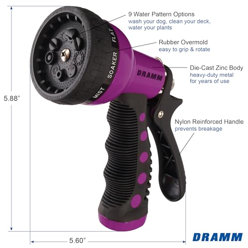 Dramm Revolver Heavy Duty Metal Garden Hose Nozzle – 9 Spray Patterns, High Pressure Jet, Thumb-Control Flow, Ergonomic Grip – Berry