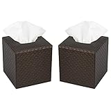 Square Paper Facial Tissue Box Cover Holder for Bathroom Vanity Countertop, Bedroom Dressers, Napkin Holder, Brown Quilted Faux Leather, Set of 2 - MK272AA