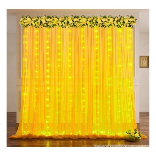 Image of Shimmers 6 Pcs Yellow Curtain Decoration Kit 4x8 Feet Net Backdrop Set with Ribbon Roll, Wall Hooks Ganpati Decoration, Pahoto Booth, Home Decor Setup