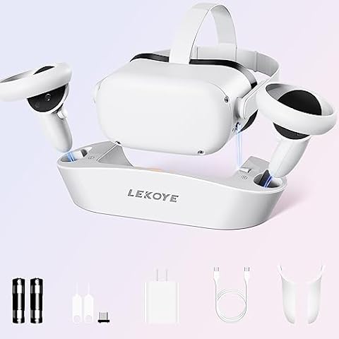 LEKOYE VR Charging Dock for Oculus Quest 2, Magnetic VR Charging Station for Meta Quest 2 VR Headset & Controllers, Charging Stand VR Accessories with 2 Rechargeable Batteries USB C Cable - White Cover