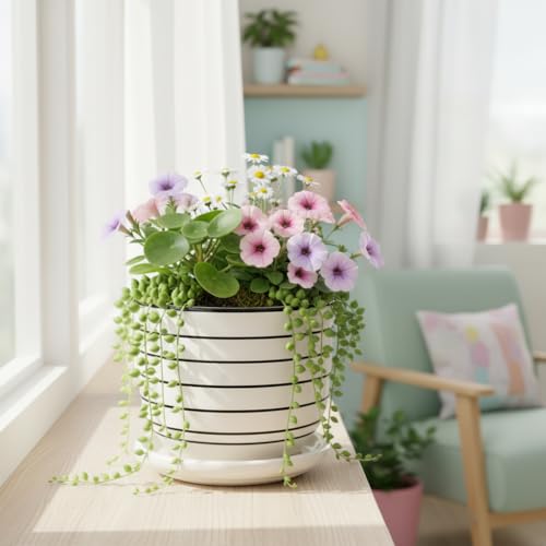 Image of Xtore Ceramic Striped Planter with Tray Figurine | Gloss Finish | for Home, Window & Office Decor - (Pack of 1, Planter ONLY)
