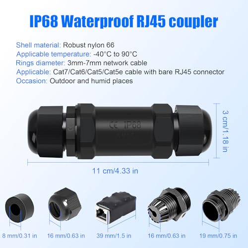 Acoplador RJ45 Impermeable 3 Unidades para Cable de Red miniatura 5