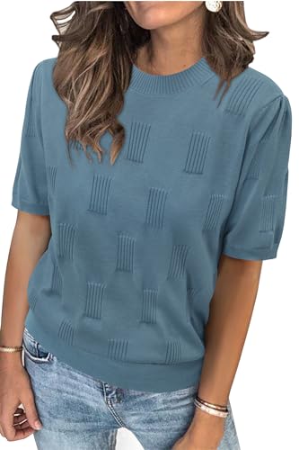 Image of Arach&Cloz Women's Short Sleeve Crew Neck Sweaters Trendy Teacher Work Tops | Lightweight&Breathable Fabric, Texture Knit Design, Relaxed Fit, Business Casual Outfits, Teacher Work Tops Fall 2026