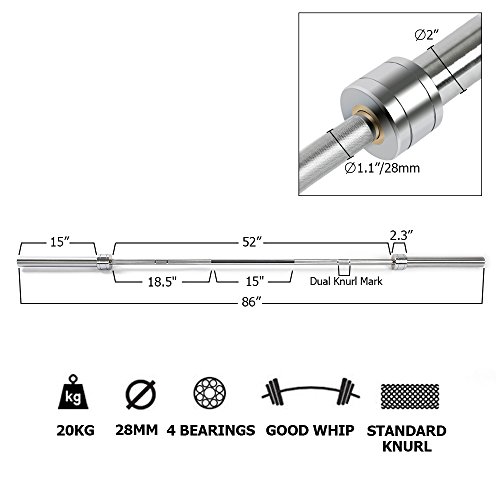 Bonnlo Barbell Olympic Bar, 7 Feet Olympic Weightlifting Bar 28mm Grip 700 lbs Capacity Bar Bench Press Chrome with Rotating Sleeve (7 Feet)
