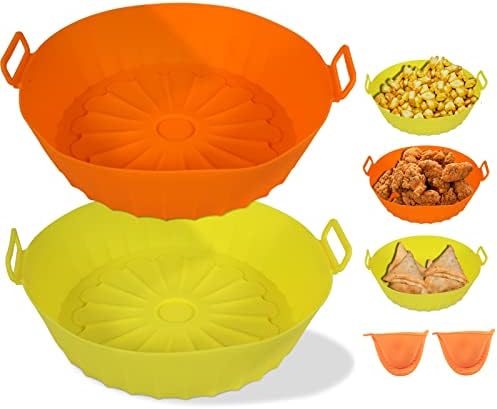 Air Fryer Silicone Liners - 2PCS 7.5inch Non-stick Air Fryers Silicone Pot, Replacement of Flammable Parchment Paper, Reusable Baking Tray Oven Accessories for 3 to 6 QT (Yellow+Orange)