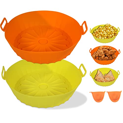 Air Fryer Silicone Liners - 2Pcs 7.5Inch Non-Stick Air Fryers Silicone Pot, Replacement Of Flammable Parchment Paper, Reusable Baking Tray Oven Accessories For 3 To 6 Qt (Yellow+Orange) #TOP7