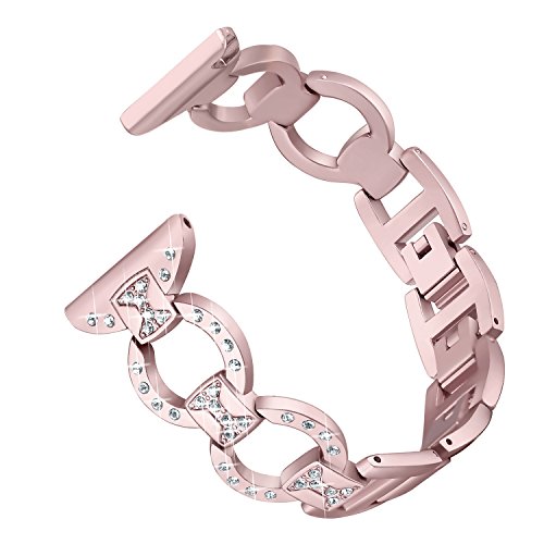 bayite Metal Bands Compatible with Fitbit Versa Watch, Figure Eight O-Link with Rhinestones, Rose Gold 5.5