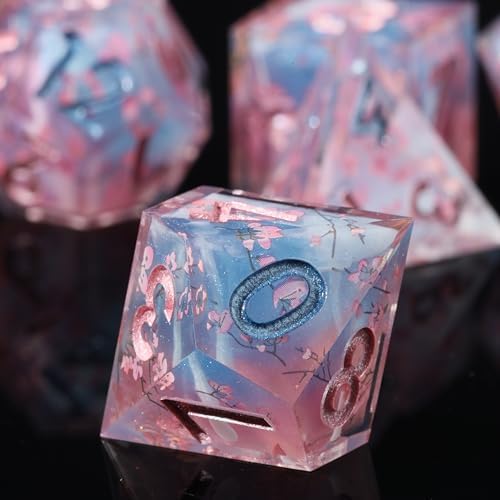Mini Planet D&D Sharp Edge Polyhedral Liquid Core Cherry Blossom Dungeons and Dragons 7 Pcs Handmade Dice Set — view 6