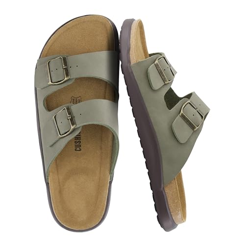 Image of CUSHIONAIRE Mars Double Buckle Slide Sandals for Men with Arch Support, Cork Footbed and EVA Outsole