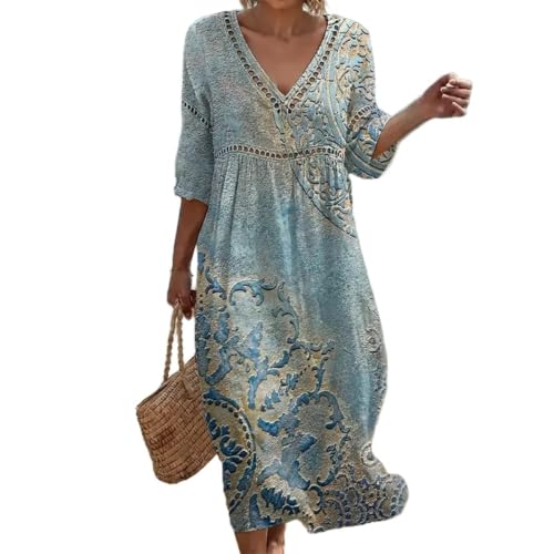 Image of Summer Dresses for Women UK Bohemian 3/4 Sleeve Print Dresses Casual Loose Fit Boho Dress Breathable Comfortable Friendly Elegant Style Holiday Beach Travel Everyday Wear