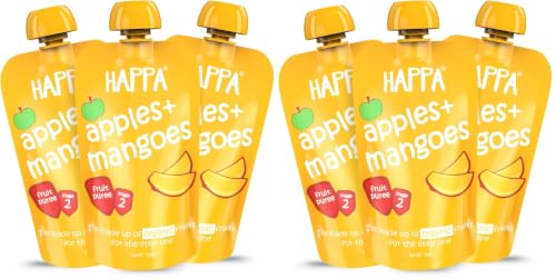 Image of Happa Organic Baby Food Apple and Mango Puree | 100% Fruits | No Added Sugar, No Milk Powder, No Preservatives | Stage 2 (6 Months+) | Ready to Eat | Free from Common Allergens | Pack of 6 (100g Each)