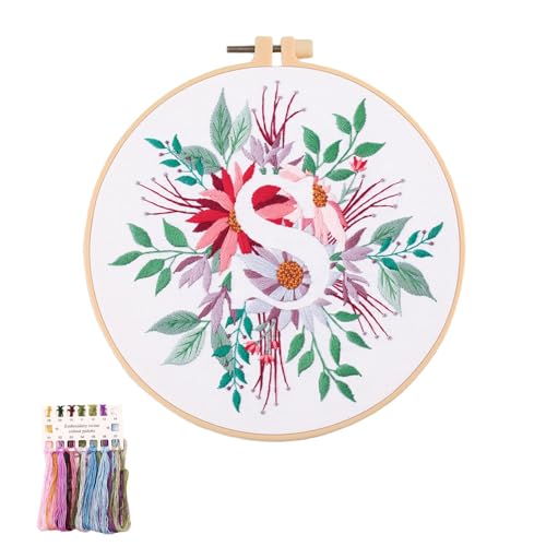 Image of artcici Embroidery Kits Plant Flower Letter S Patterns for Beginners Adults, Full Range Embroidery Starter Kits Cross Stitch Needlework Supplies (Letter S)