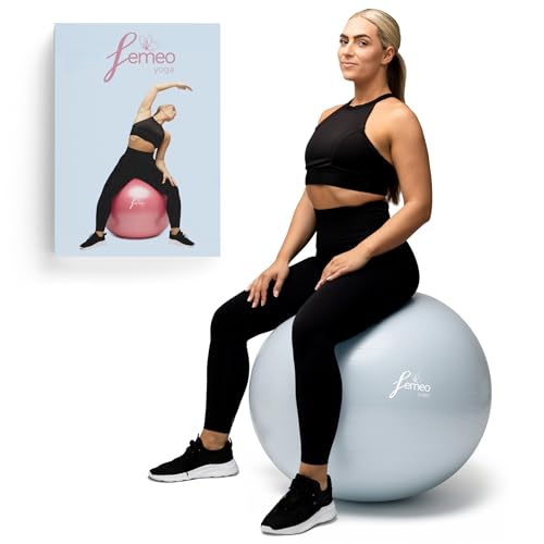 Femeo® Exercise Ball for Yoga, Stability, Pregnancy Pilates & Birthing | 100 Page Book | Over 50 Workout Exercises | Anti Burst Ice Blue 65cm