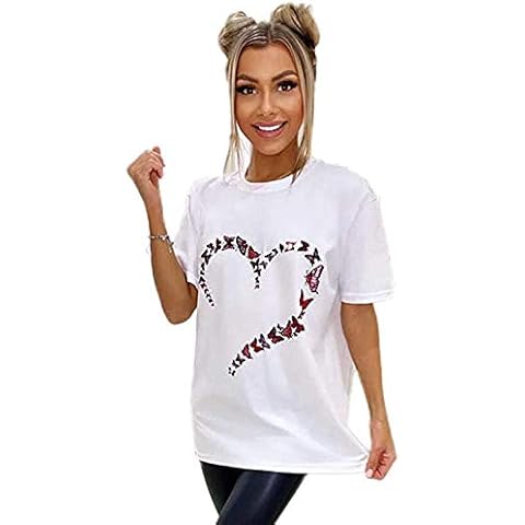 Candid Styles Ladies Jadore Paris Butterfly Heart Printed Oversized Womens Short Sleeve T Shirt Top 8-16, M/L 12-14, Butterfly Heart Print White Cover